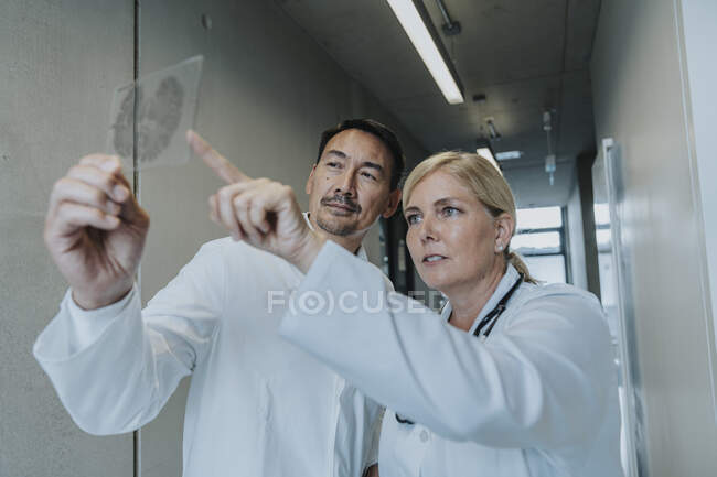Medico e scienziato che esamina il campione di vetro cerebrale mentre si trova nel corridoio della clinica — Foto stock