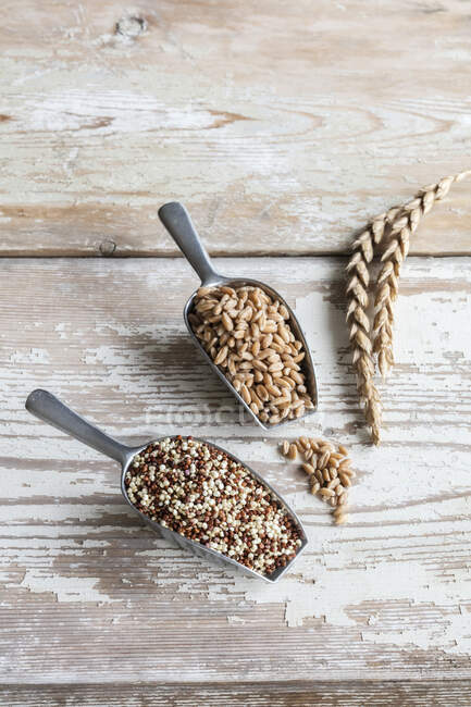 Fiocchi di avena e grano su sfondo di legno — Foto stock