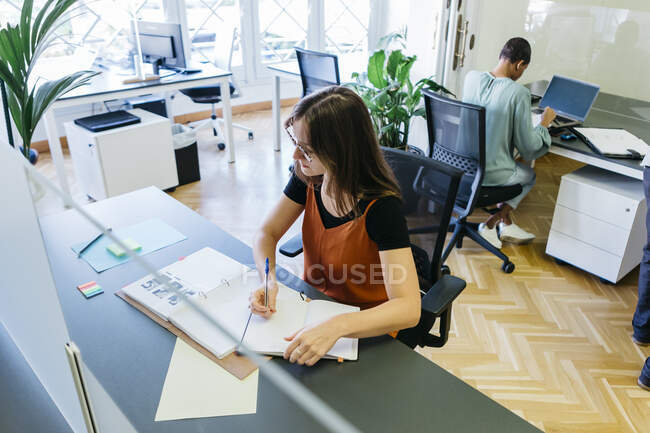 High angle view of female entrepreneur writing in diary at office desk — Stock Photo