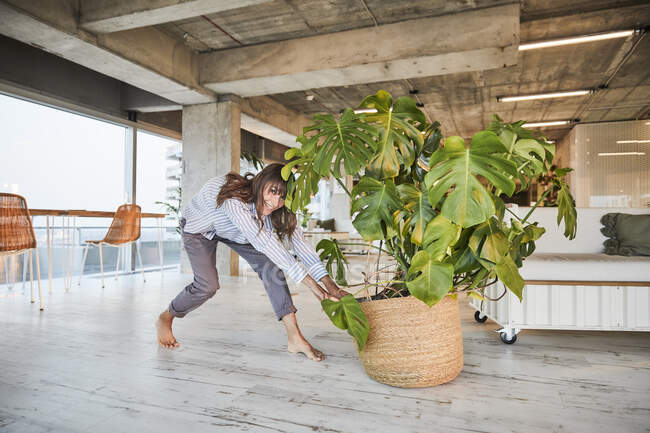 Mature woman pushing potted plant while standing at home — Stock Photo