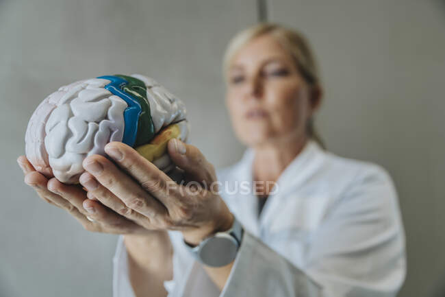 Учёный, держащий искусственный человеческий мозг, стоя в клинике — стоковое фото
