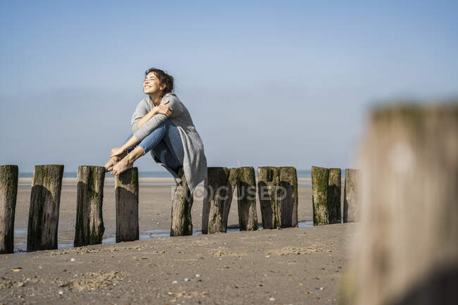 Lächelnde junge Frau sitzt auf Holzpfählen am Strand gegen den Himmel — Stockfoto
