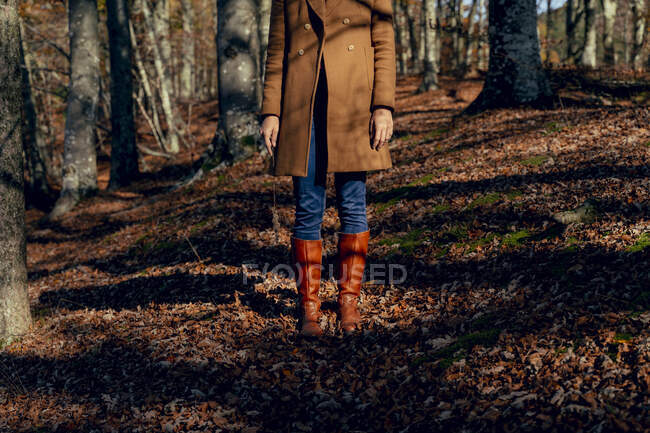 Mulher vestindo jaqueta e bota de borracha em pé na folha caída na floresta — Fotografia de Stock