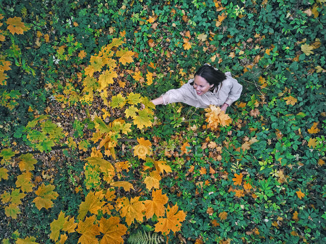 Vista aerea della donna adulta raccogliendo foglie nel parco autunnale — Foto stock