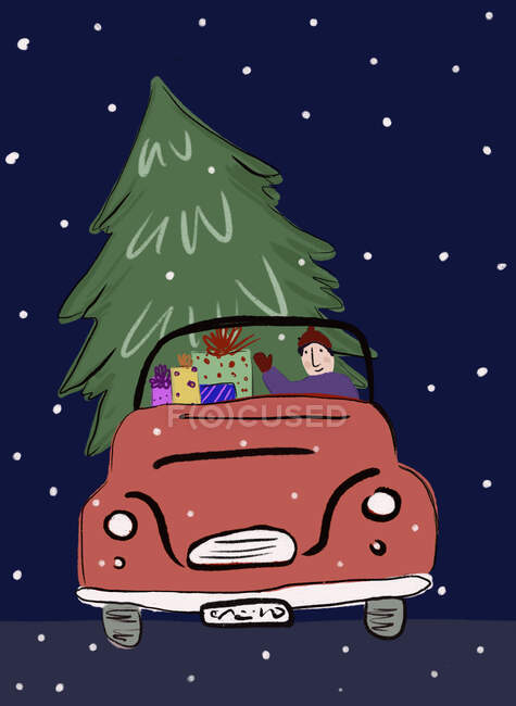 Clip arte del hombre transportando árbol de Navidad y regalos en coche en la noche nevada - foto de stock