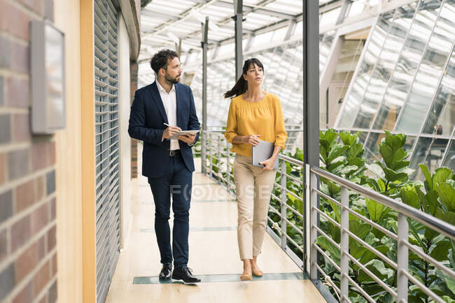 Empresario masculino discutiendo mientras camina con una colega en el pasillo de la oficina - foto de stock