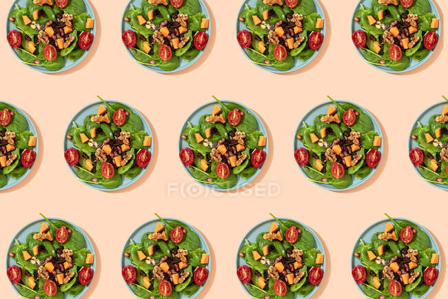 Pattern of plates of fresh ready-to-eat vegan salad — Stock Photo