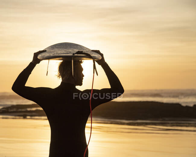 Surfista silhueta carregando prancha sobre a cabeça na praia durante o pôr do sol — Fotografia de Stock