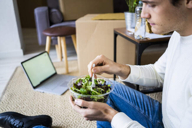 Giovane con computer portatile che ha insalata in soggiorno di nuovo appartamento soppalco — Foto stock
