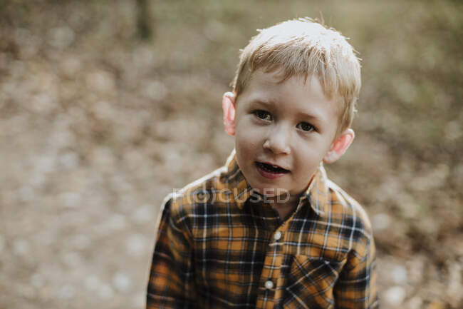 Mignon garçon fixer tandis que debout dans forêt — Photo de stock