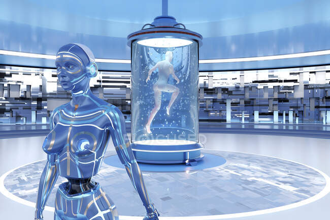 3D reso Illustrazione della donna lasciando il suo corpo alle spalle e trasferendo la sua coscienza in gynoid in vasca di rigenerazione — Foto stock