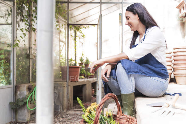 Smiling woman looking down while sitting in garden shed on sunny day — Stock Photo