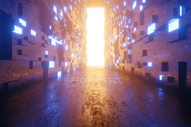 Трехмерное отображение светящегося портала в конце футуристического коридора — стоковое фото