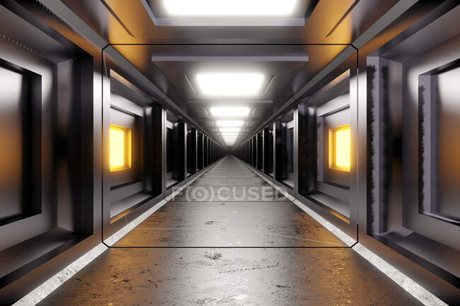 Three dimensional render of straight futuristic corridor inside spaceship or space station — Stock Photo