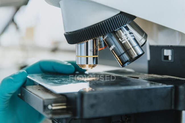 Close-up da mão da mulher colocando a lâmina do microscópio cerebral humano sob o microscópio em laboratório — Fotografia de Stock