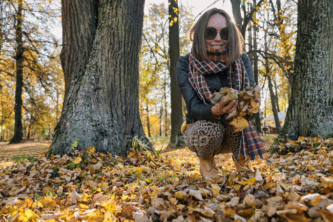 Femme souriante accroupie tout en tenant des feuilles sèches contre les arbres au parc pendant l'automne — Photo de stock