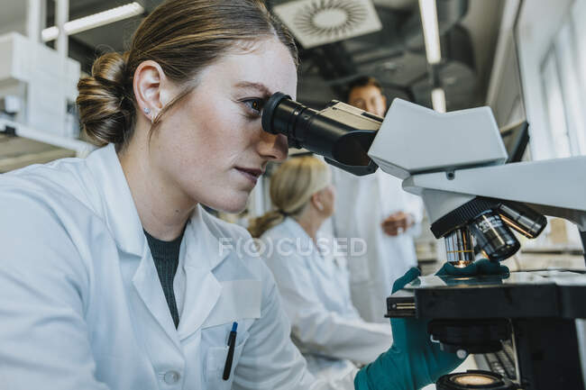 Asistente analizando la diapositiva del microscopio cerebral humano mientras está sentado con un científico en el laboratorio - foto de stock