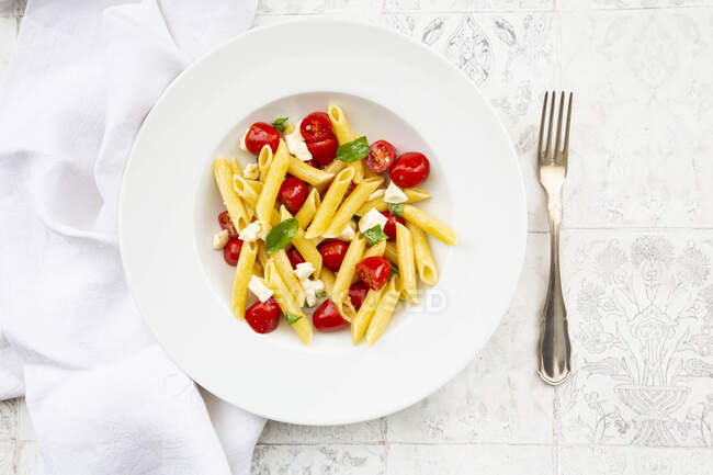 Plate of vegetarian pasta with mozzarella, cherry tomatoes and basil — Stock Photo