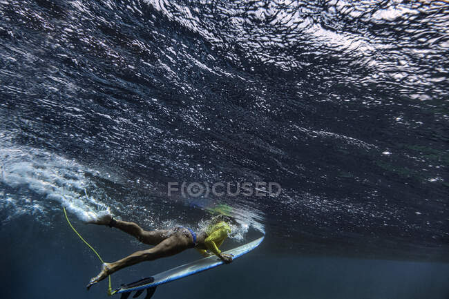 Surfista feminina nadando debaixo d 'água com prancha nas Maldivas — Fotografia de Stock