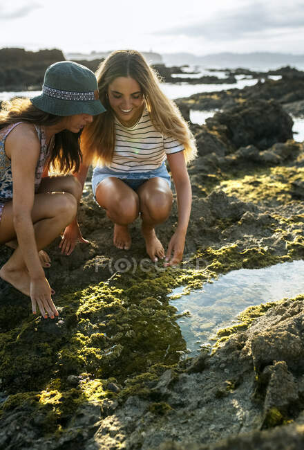 Jovens mulheres alegres agachadas pela poça na rocha enquanto desfrutam de fim de semana na praia — Fotografia de Stock