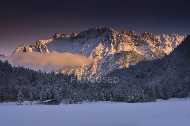 Vista panorâmica da floresta nevada contra as montanhas durante o pôr do sol — Fotografia de Stock