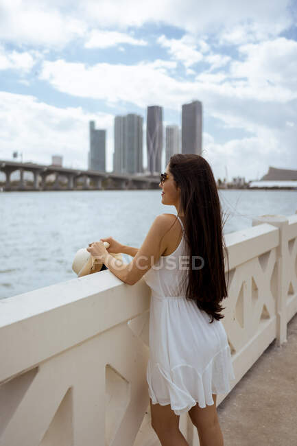 Jovem turista feminina inclinada na parede de contenção enquanto olha para longe — Fotografia de Stock