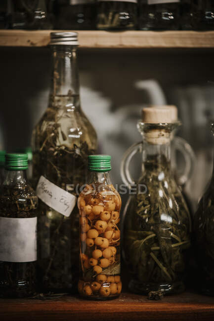 Variação de alimentos conservados em garrafa — Fotografia de Stock
