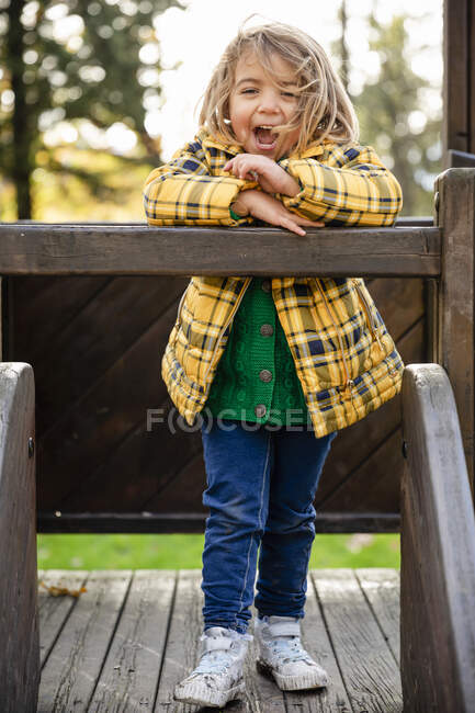 Chica feliz gritando mientras está de pie en el equipo de juego en el parque - foto de stock