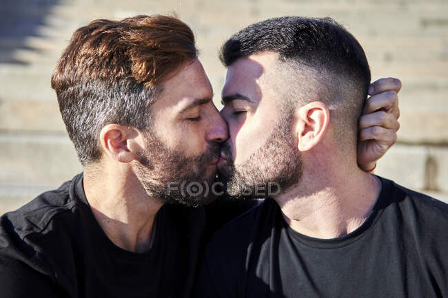 Affectionate homosexual couple kissing on sunny day — Stock Photo