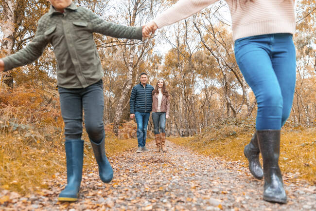 Низька секція братів і сестер тримає руки, бігаючи, поки батьки стоять позаду в парку восени — стокове фото