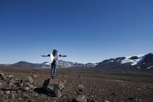 Menina vestindo asas artificiais de pé com braços estendidos contra o céu claro — Fotografia de Stock