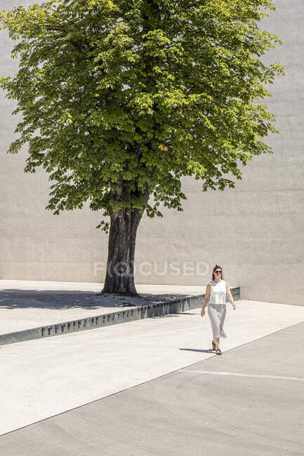 Slovenia, Lubiana, Monumento alle vittime di tutte le guerre (Spomenik rtvam vseh vojn), Donna che cammina vicino all'albero sulla piazza della città — Foto stock