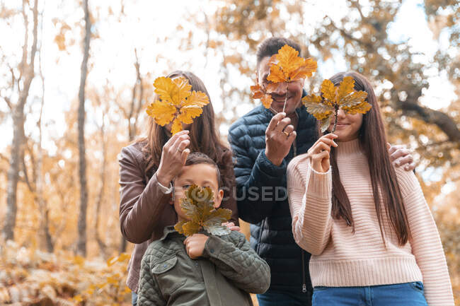 Family covering face with dry leaves standing in park during autumn — Stock Photo