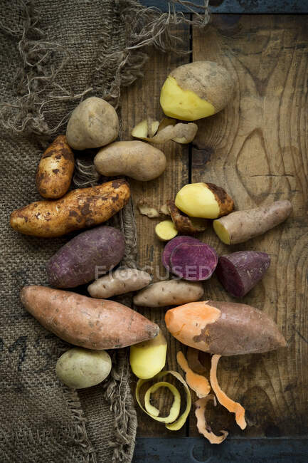 Different types of potatoes: Glorietta, purple sweet potato, Agria, Annabelle, Bamberger Hoerndl, Gala on rustic background — Stock Photo