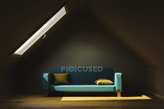 Representación tridimensional de sofá en ático vacío - foto de stock