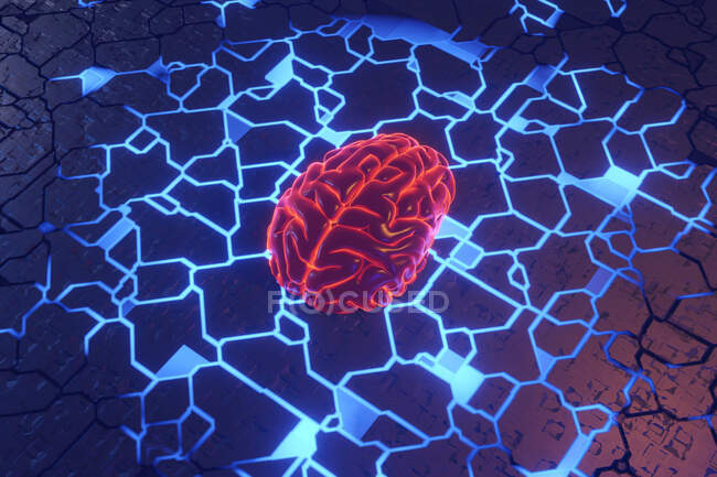 Three dimensional render of human brain lying on glowing circuit board - foto de stock