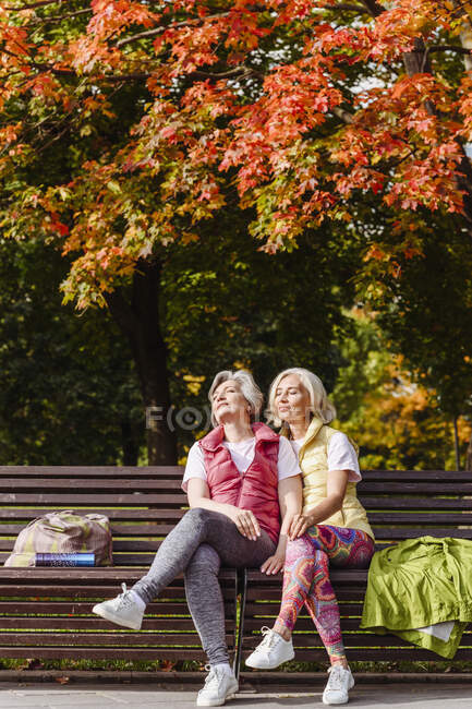 Женщины-друзья в спортивной одежде с закрытыми глазами в осеннем парке в солнечный день — стоковое фото