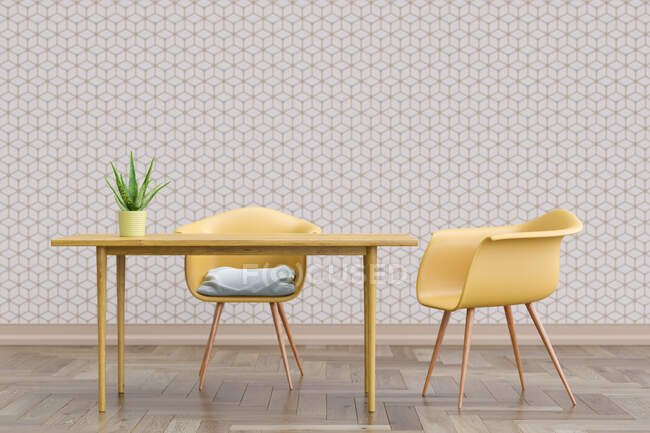 Representación tridimensional de dos sillas de pie por mesa simple con pared cubierta de papel tapiz de cubo geométrico - foto de stock