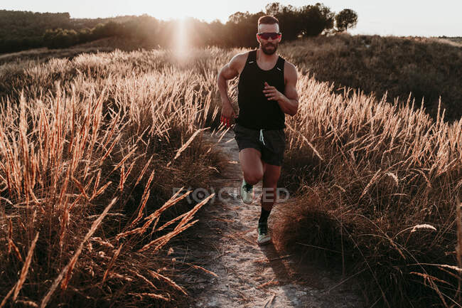 Junger männlicher Athlet läuft bei Sonnenuntergang im trockenen Gras auf einem Berg in Spanien — Stockfoto