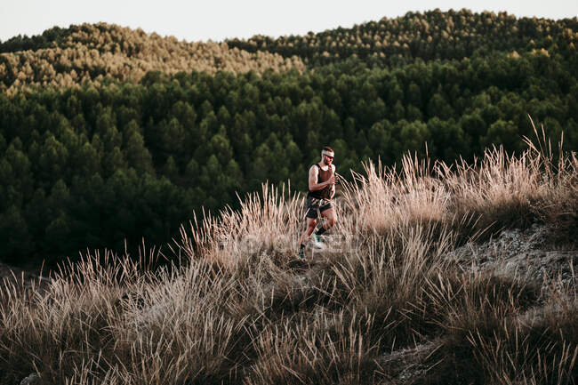 Male athlete running on mountain in dried grass — Stock Photo