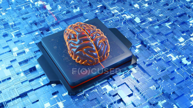 3D-Darstellung des Gehirns auf der Leiterplatte über neuronales Netzwerk — Stockfoto