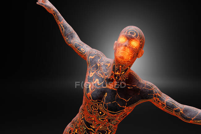 3D-Illustration eines schwebenden männlichen Charakters mit ausgestreckten Armen vor schwarzem Hintergrund — Stockfoto