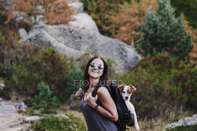 Donna allegra con gli occhiali da sole che porta il cane nello zaino durante le escursioni in montagna — Foto stock