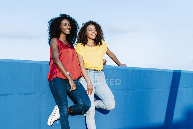 Lesbisches Paar schaut weg, während es an blauer Stützmauer gegen den Himmel steht — Stockfoto