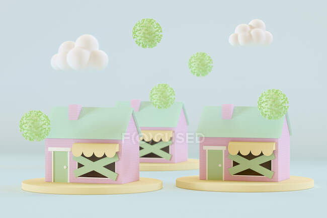 COVID-19 virus and clouds over stores — Stock Photo