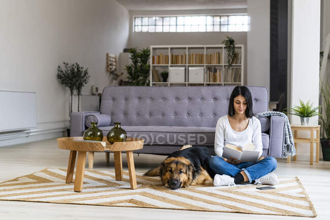 Mulher lendo livro enquanto sentado com cão contra sofá em casa — Fotografia de Stock