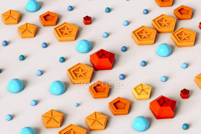 Pattern of colorful pentagons, spheres and hemispheres — Stock Photo