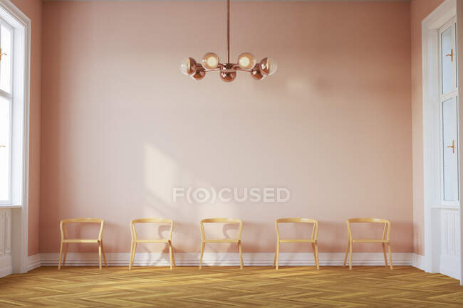Resa tridimensionale di fila di sedie vuote in sala d'attesa di colore rosa — Foto stock