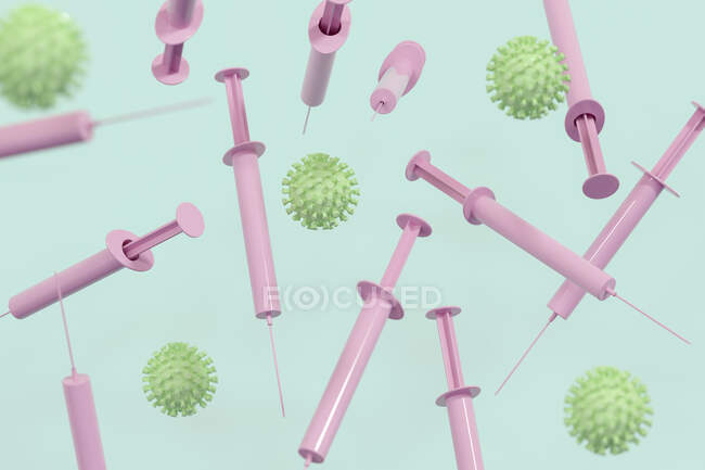 Imagen generada digitalmente de jeringas rosadas y virus COVID-19 - foto de stock