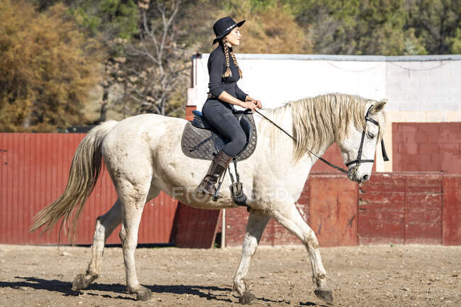Donna equitazione nel paddock — Foto stock